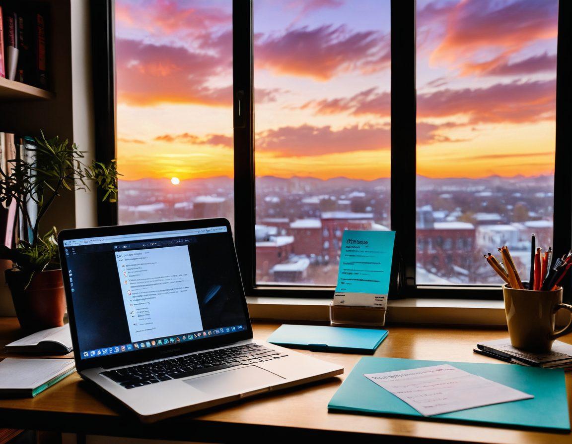 A creative workspace with a laptop open displaying a blog dashboard, surrounded by scattered notes and colorful sticky tabs. In the background, a bookshelf with books on personal essays and storytelling techniques. A cup of coffee steaming beside the laptop, and a window showing a vibrant sunset. Overlay text reads 'Master Blogging Strategies'. bright colors. studio setting. super-realistic.