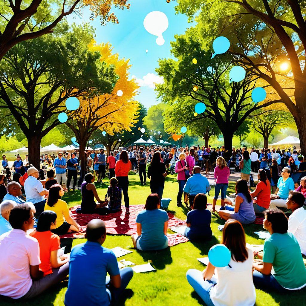 A vibrant and inviting community gathering scene, showcasing diverse individuals sharing ideas and art in a colorful park setting. Include thought bubbles filled with creative notions and inspirations floating above their heads, capturing a sense of connection and collaboration. Warm sunlight bathes the scene, while whimsical elements like birds and butterflies add a playful touch. super-realistic. vibrant colors. cheerful atmosphere.
