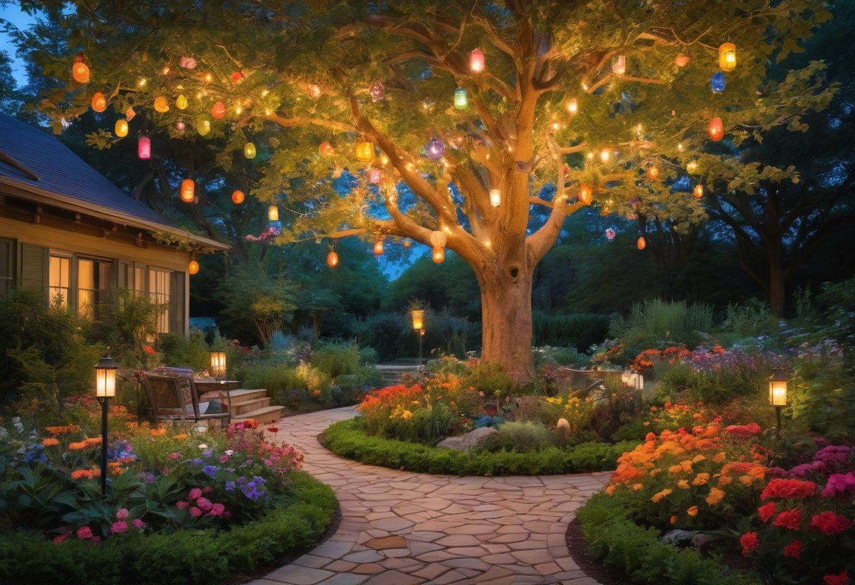An ethereal scene depicting a diverse group of individuals joyfully expressing their creativity through art, music, and crafts in a lush, whimsical garden. Surround the figures with vibrant, colorful flowers and soothing natural elements, symbolizing community and inspiration. A whimsical tree with colorful leaves serves as the focal point, with hanging lanterns illuminating the space. The atmosphere is filled with splashes of color, playful textures, and an inviting sense of belonging. vibrant colors. super-realistic. whimsical style.